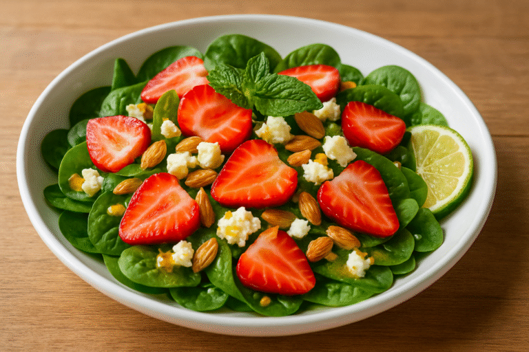 Salad Stroberi dan Bayam Segar dengan Dressing Jeruk Nipis Madu