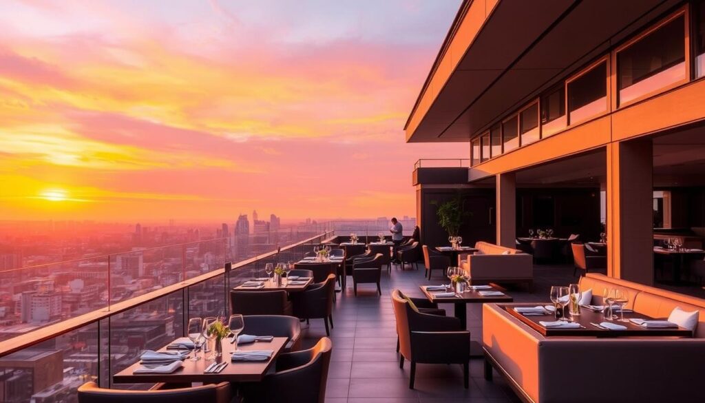 A breathtaking rooftop dining experience at Sky 36 Restaurant, Surabaya. The scene showcases a modern, sophisticated setting with sleek architectural elements and floor-to-ceiling windows offering panoramic vistas of the city skyline. Warm, golden-hour sunlight filters through, casting a soft, romantic glow across the minimalist interiors. Stylish, contemporary furnishings and elegant table settings create an inviting ambiance, perfect for an unforgettable sunset dinner. The background is dominated by the vibrant, colorful sky, transitioning from brilliant oranges and pinks to deep purples and blues as the day fades into dusk, providing a stunning natural backdrop for this modern, elevated dining destination.