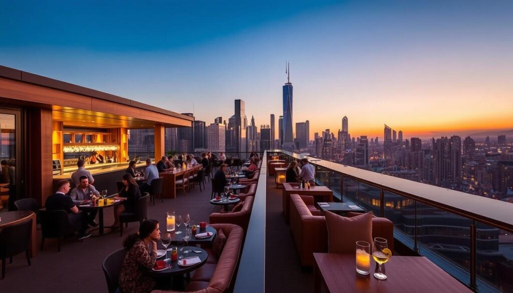 A serene rooftop bar with a breathtaking view of the city skyline at sunset. The LoveShack Skybar Tapas & Grill features a warm, cozy ambiance with plush seating, soft lighting, and natural wood accents. In the foreground, patrons enjoy delectable tapas and refreshing cocktails, while the middle ground showcases the stylish bar and open kitchen. The background is dominated by a panoramic vista of towering skyscrapers bathed in a golden glow, creating a romantic, relaxed atmosphere perfect for a leisurely evening.