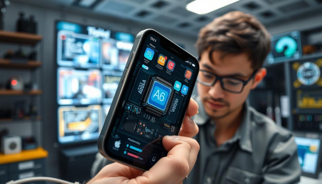 A close-up view of an iPhone 15, showcasing its advanced chip and hardware components, with a translucent view revealing inner circuitry and the A16 Bionic chip. In the foreground, a professional-looking engineer in a smart casual outfit examines the phone, expressing fascination and understanding of the technology. In the middle ground, the phone displays a vibrant screen with detailed app interfaces that highlight enhanced performance features. The background features a modern tech lab filled with high-tech gadgets and software displays, illuminated by soft, focused lighting that creates a sleek and innovative atmosphere. The angle should be slightly tilted for a dynamic perspective, capturing the essence of cutting-edge technology and its impact on software performance. A close-up view of an iPhone 15, showcasing its advanced chip and hardware components, with a translucent view revealing inner circuitry and the A16 Bionic chip. In the foreground, a professional-looking engineer in a smart casual outfit examines the phone, expressing fascination and understanding of the technology. In the middle ground, the phone displays a vibrant screen with detailed app interfaces that highlight enhanced performance features. The background features a modern tech lab filled with high-tech gadgets and software displays, illuminated by soft, focused lighting that creates a sleek and innovative atmosphere. The angle should be slightly tilted for a dynamic perspective, capturing the essence of cutting-edge technology and its impact on software performance.