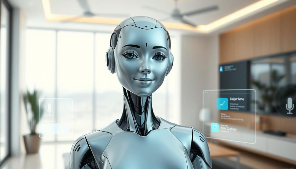 A female android assistant in a futuristic smart home setting. The figure stands in the foreground, with a warm and friendly expression on her sleek, metallic face. She is surrounded by holographic interfaces and digital displays, suggesting advanced voice control and virtual assistant capabilities. The background features a minimalist, high-tech interior with clean lines and soft, indirect lighting. The overall mood is one of sophisticated, cutting-edge technology seamlessly integrated into a modern living space.