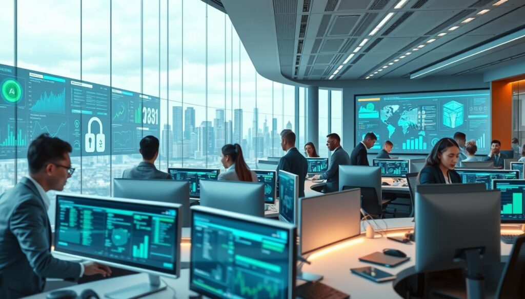 A futuristic office environment displaying advanced AI infrastructure. In the foreground, a diverse group of professionals in business attire collaboratively working at sleek, high-tech workstations, engaged in discussions. In the middle, large screens showcase data visualizations, cybersecurity metrics, and real-time monitoring of AI systems. The background features a panoramic view of a modern city skyline, signifying innovation and growth. Soft, ambient lighting creates a productive atmosphere, with a focus on blues and greens to evoke a sense of security and trust. The angle is slightly elevated to capture the depth of the space while emphasizing teamwork and strategic planning, highlighting the importance of security and governance in AI infrastructure. The overall mood is dynamic and forward-looking, representing a secure future in AI development. A futuristic office environment displaying advanced AI infrastructure. In the foreground, a diverse group of professionals in business attire collaboratively working at sleek, high-tech workstations, engaged in discussions. In the middle, large screens showcase data visualizations, cybersecurity metrics, and real-time monitoring of AI systems. The background features a panoramic view of a modern city skyline, signifying innovation and growth. Soft, ambient lighting creates a productive atmosphere, with a focus on blues and greens to evoke a sense of security and trust. The angle is slightly elevated to capture the depth of the space while emphasizing teamwork and strategic planning, highlighting the importance of security and governance in AI infrastructure. The overall mood is dynamic and forward-looking, representing a secure future in AI development.
