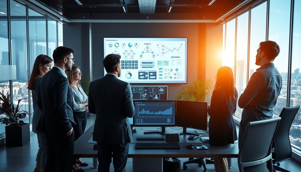 A modern office environment focused on building AI infrastructure. In the foreground, a diverse group of professionals in business attire are engaged in a collaborative discussion around a large digital screen displaying data visualizations and flowcharts of AI architecture. In the middle ground, a sleek workstation with multiple monitors shows graphs and AI models in progress. In the background, large windows let in natural light, revealing a cityscape that hints at a tech-driven future. The lighting is bright and focused, enhancing the sense of innovation and teamwork, while the atmosphere conveys a serious yet optimistic mood regarding the strategic steps in AI infrastructure development. A modern office environment focused on building AI infrastructure. In the foreground, a diverse group of professionals in business attire are engaged in a collaborative discussion around a large digital screen displaying data visualizations and flowcharts of AI architecture. In the middle ground, a sleek workstation with multiple monitors shows graphs and AI models in progress. In the background, large windows let in natural light, revealing a cityscape that hints at a tech-driven future. The lighting is bright and focused, enhancing the sense of innovation and teamwork, while the atmosphere conveys a serious yet optimistic mood regarding the strategic steps in AI infrastructure development.