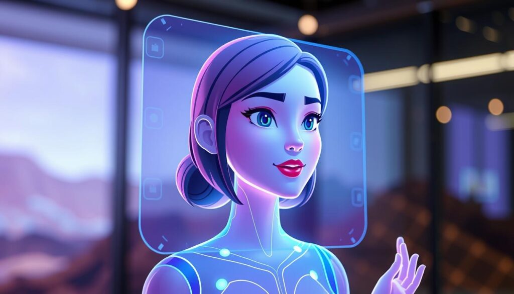 A vibrant holographic display showcases a stylized female AI assistant, her features rendered with crisp digital clarity. Ambient lighting casts a soft glow, hinting at the advanced technology powering her lifelike movements and expressive gestures. The background blurs into an abstract landscape of geometric patterns, emphasizing the futuristic, optimized experience. Subtle details like the assistant's customizable appearance and voice settings suggest the depth of personalization possible, inviting the viewer to imagine the seamless integration of human-like interaction with cutting-edge device capabilities.
