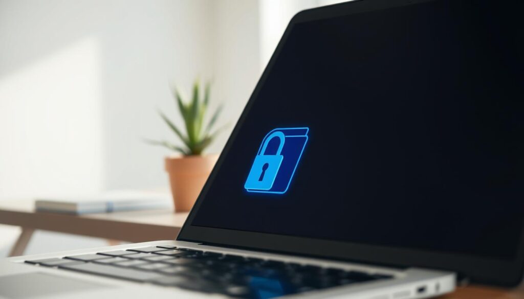 A close-up view of a Windows folder being digitally encrypted. In the foreground, a sleek, modern laptop screen displays a folder icon with a digital lock overlay, glowing with a subtle blue hue. The middle ground features a minimalist workspace with a potted plant and a soft-focus notepad, adding a touch of warmth. The background is softly blurred, hinting at a stylish home office setting with natural light streaming through a window, creating a calm and focused atmosphere. The overall mood should feel secure and professional, with high-quality lighting that emphasizes the folder and the lock symbol, shot from a slightly elevated angle to enhance the depth of field. A close-up view of a Windows folder being digitally encrypted. In the foreground, a sleek, modern laptop screen displays a folder icon with a digital lock overlay, glowing with a subtle blue hue. The middle ground features a minimalist workspace with a potted plant and a soft-focus notepad, adding a touch of warmth. The background is softly blurred, hinting at a stylish home office setting with natural light streaming through a window, creating a calm and focused atmosphere. The overall mood should feel secure and professional, with high-quality lighting that emphasizes the folder and the lock symbol, shot from a slightly elevated angle to enhance the depth of field.