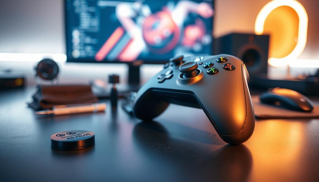 A close-up view of a clean and well-maintained Xbox Elite Series 2 controller positioned on a sleek, modern gaming desk. The foreground features the controller with glimmering thumbsticks and clearly visible settings for tension adjustment, emphasizing the importance of proper care. In the middle ground, there is a soft-focus array of gaming accessories, such as cleaning cloths and tools, suggesting routine maintenance without distraction. The background reveals a subtle blur of a gaming setup, including a monitor and ambient LED lighting that creates an immersive gaming atmosphere. The lighting is warm and inviting, highlighting the textures of the controller. The overall mood is professional and informative, portraying the concept of controller care effectively.