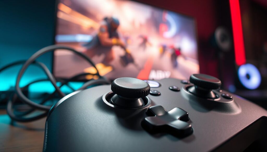A close-up view of a modern gaming controller, specifically the Xbox Elite Series 2, showcasing its adjustable thumbsticks with a focus on the tension adjustment mechanism. The foreground features the controller's sleek design, highlighting the thumbsticks and their adjustable components. In the middle ground, soft-focus cables intertwined around a gaming setup convey connectivity, emphasizing wireless and wired options. The background includes subtle hints of a gaming environment, such as a blurred gaming monitor displaying action-packed gameplay, with dynamic lighting that casts an immersive glow on the controller. The atmosphere should be energetic yet refined, resonating with gaming culture while keeping the focus on compatibility and connectivity. The overall composition is sharp, using a high-quality lens and bright lighting to accentuate the textures and details of the controller.