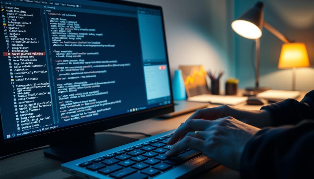 A computer screen displays a visually appealing script batch file interface for folder protection, showcasing lines of code in a sleek, dark-themed code editor. In the foreground, a pair of hands, dressed in smart casual attire, types on a modern keyboard, adding a sense of action and engagement. In the middle ground, a blurred view of an organized desk with a laptop, various tech gadgets, and a notepad hints at a productive workspace. The background softly fades into a gradient of calming blues and greens, symbolizing security and reliability. Illuminate the scene with warm, diffused lighting from a nearby lamp, creating a cozy yet professional atmosphere. The composition evokes a sense of empowerment and practicality in securing important files without additional applications. A computer screen displays a visually appealing script batch file interface for folder protection, showcasing lines of code in a sleek, dark-themed code editor. In the foreground, a pair of hands, dressed in smart casual attire, types on a modern keyboard, adding a sense of action and engagement. In the middle ground, a blurred view of an organized desk with a laptop, various tech gadgets, and a notepad hints at a productive workspace. The background softly fades into a gradient of calming blues and greens, symbolizing security and reliability. Illuminate the scene with warm, diffused lighting from a nearby lamp, creating a cozy yet professional atmosphere. The composition evokes a sense of empowerment and practicality in securing important files without additional applications.