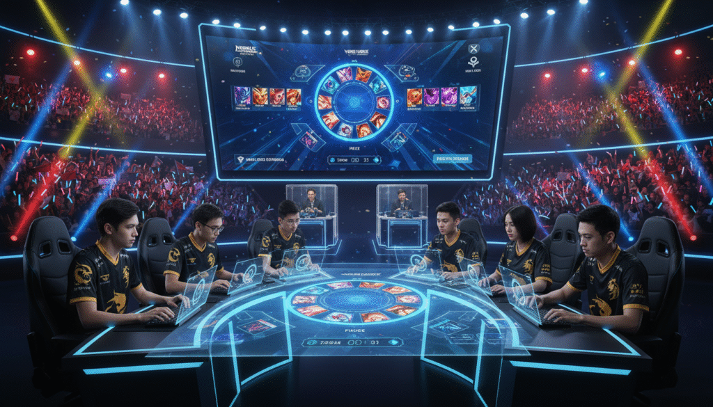 A dynamic esports scene showcasing a strategic mobile legends draft pick scenario. In the foreground, a diverse group of professional gamers, focused and dressed in sleek team jerseys, intensely discussing hero selections at a high-tech gaming table. The middle ground features a holographic display of the game’s interface, with hero icons and statistics glowing, symbolizing the drafting process. The background highlights a vibrant esports arena filled with cheering fans and colorful stage lights, creating an electrifying atmosphere. The lighting is dramatic, with bright spotlights illuminating the players while casting soft shadows. Capture a sense of tension and excitement, emphasizing the critical decision-making involved in the draft pick strategy that impacts the team's success.