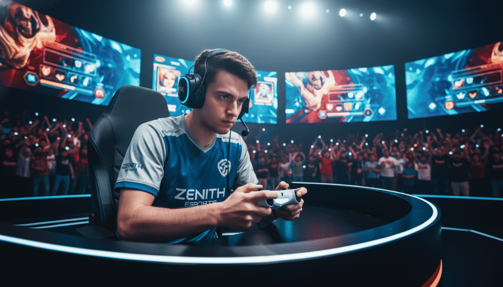 A tense esports player sitting at a sleek gaming desk on a grand international stage, with vivid LED screens displaying the game in the background. The player is wearing professional gaming attire, focused and slightly anxious, highlighting psychological pressure. The bright stage lights illuminate their concentrated face, casting dynamic shadows that enhance the drama of the scene. Spectators in the blurred background are seen cheering, creating an atmosphere of intense competition and excitement. A close-up angle captures the player’s furrowed brow and tight grip on the controller, emphasizing the mental strain of performing at a global level. The overall mood is intense and charged, reflecting the high stakes of international esports competitions.