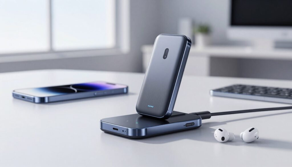 A sleek and modern wireless fast charging product showcased prominently in the foreground, featuring an elegant design with a smooth, glossy finish and subtle LED indicators. The middle ground includes a stylish desk setup, with the charger positioned next to a smartphone and wireless earbuds, both indicating the charger’s compatibility. In the background, a softly lit, minimalistic office environment exudes a sense of innovation and sophistication, highlighted by large windows letting in natural light. The atmosphere conveys a sense of advancement and excitement about the future of technology. The image should be captured with a slight tilt-down angle, offering a dynamic view that emphasizes the charging product while maintaining clarity and focus on all elements. A sleek and modern wireless fast charging product showcased prominently in the foreground, featuring an elegant design with a smooth, glossy finish and subtle LED indicators. The middle ground includes a stylish desk setup, with the charger positioned next to a smartphone and wireless earbuds, both indicating the charger’s compatibility. In the background, a softly lit, minimalistic office environment exudes a sense of innovation and sophistication, highlighted by large windows letting in natural light. The atmosphere conveys a sense of advancement and excitement about the future of technology. The image should be captured with a slight tilt-down angle, offering a dynamic view that emphasizes the charging product while maintaining clarity and focus on all elements.