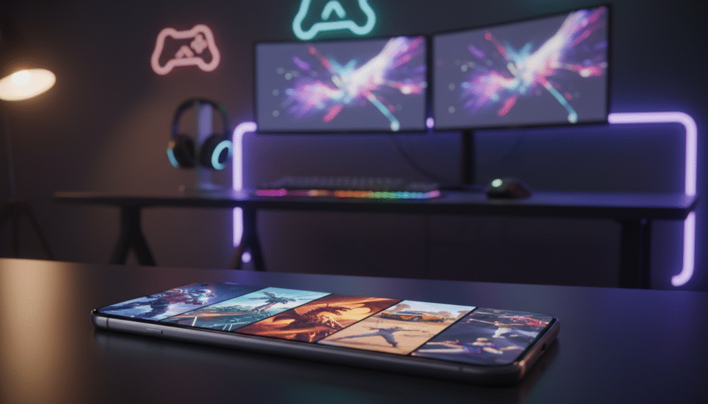 A sleek and stylish Galaxy S25 Plus smartphone with its vibrant screen illuminated, showcasing intense gameplay from five popular heavy-duty games. The phone is prominently placed in the foreground, with a reflective surface underneath that catches the light. In the middle, a softly blurred gaming setup features a modern, minimalist desk with gaming peripherals like a headset and keyboard, suggesting a high-performance gaming environment. In the background, dim ambient lighting creates a moody atmosphere, enhanced by subtle neon lights that hint at a gaming theme. The overall mood is focused and immersive, capturing the excitement of mobile gaming performance. The scene is shot from a slightly elevated angle, emphasizing the phone's display while maintaining a professional look without any distractions or text.